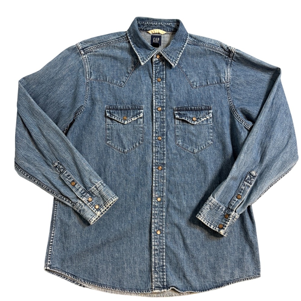 Vintage Y2K GAP Denim Western Pearl Snap Shirt Men's M Blue 2003 Cowboy